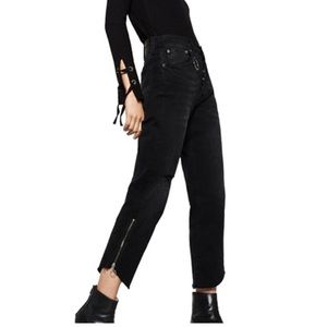 Zara black frayed mom crop jeans with zippers